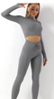 High Waist Leggings, Long Sleeve Zipper Crop Top, Gym Clothes -Grey